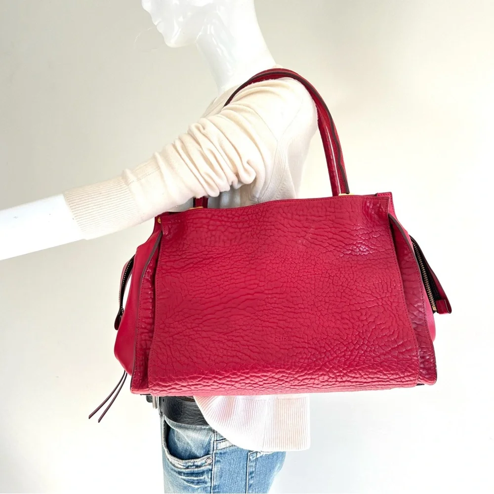 CHLOE Dree Red Structured Pebbled Leather Gold Hardware Shoulder Tote Satchel